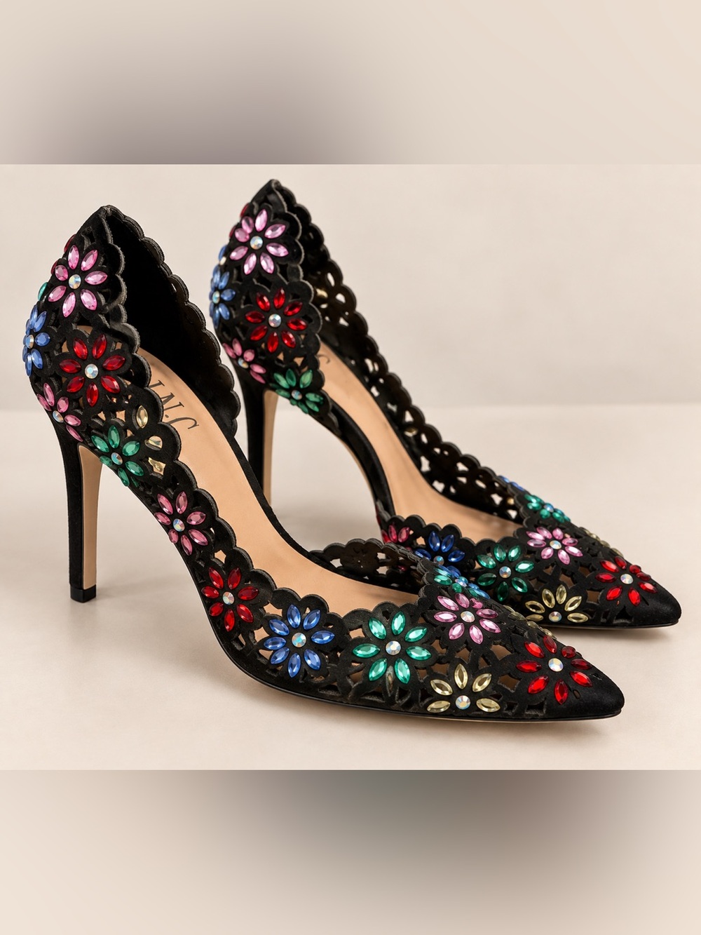 INC International Concepts Black Jeweled Floral Stiletto Pumps 8M